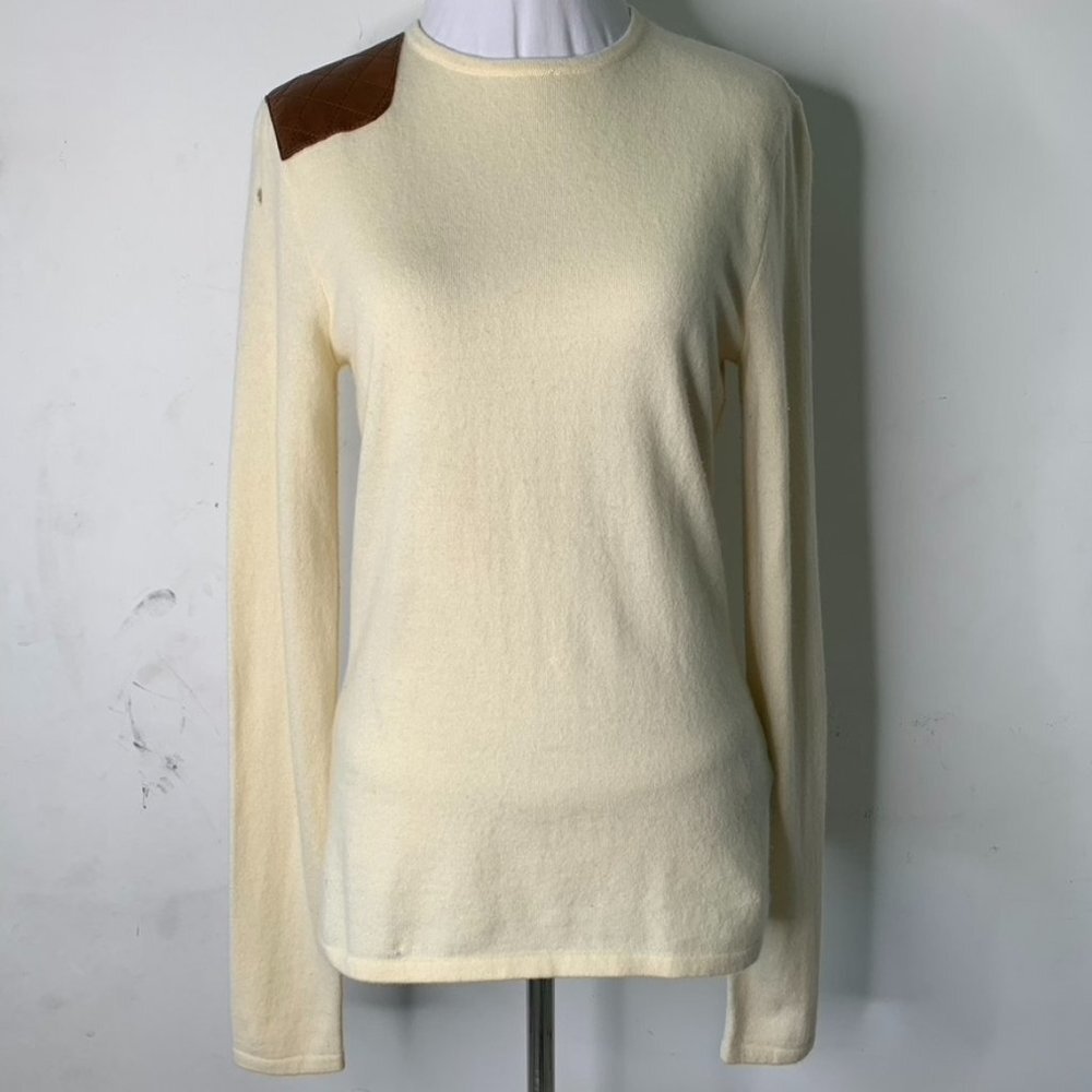 Ralph Lauren Black Label Women's Cream Leather Cashmere Sweater Size Medium